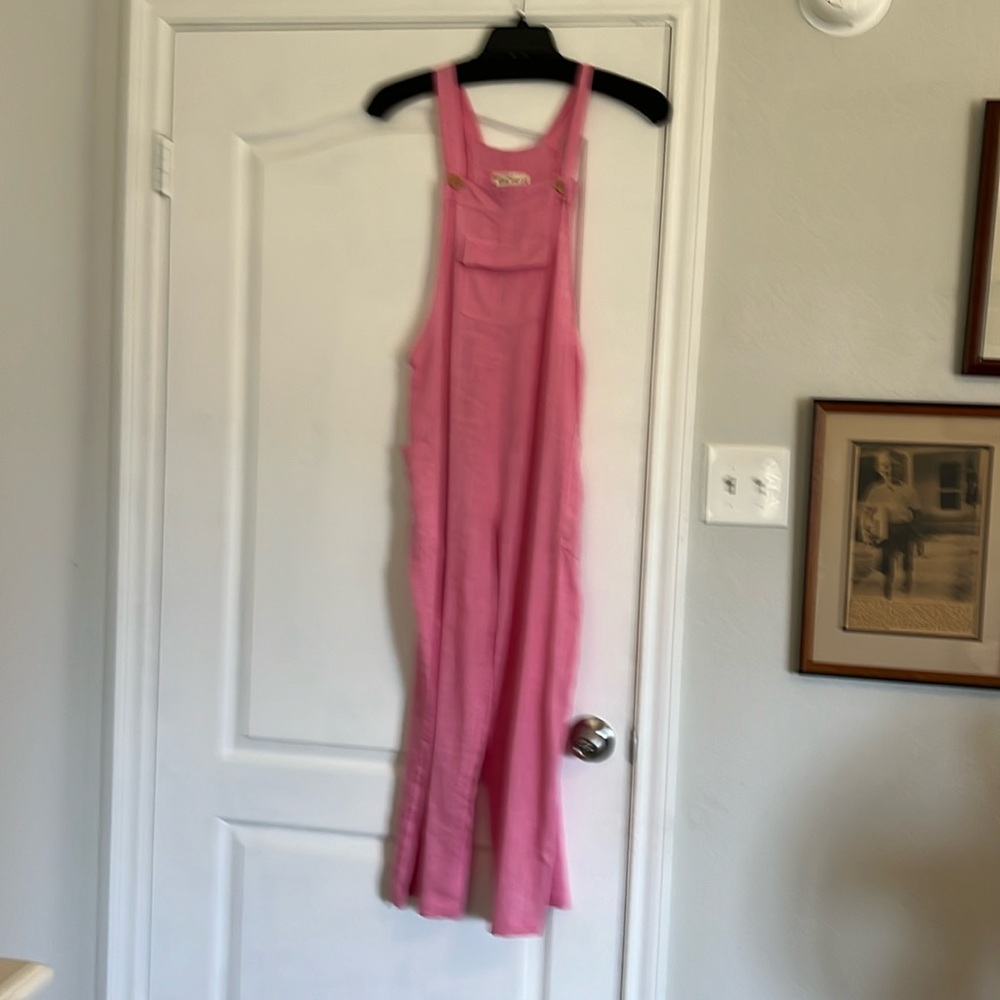 Pink linen look jumpsuit with pockets